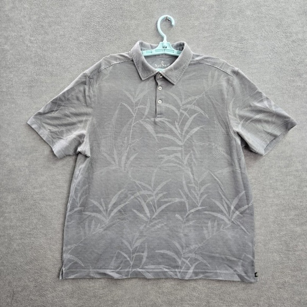 Nat Nast Men Polo XL Gray Leaf Print Short Sleeve Cotton Polyester Collar